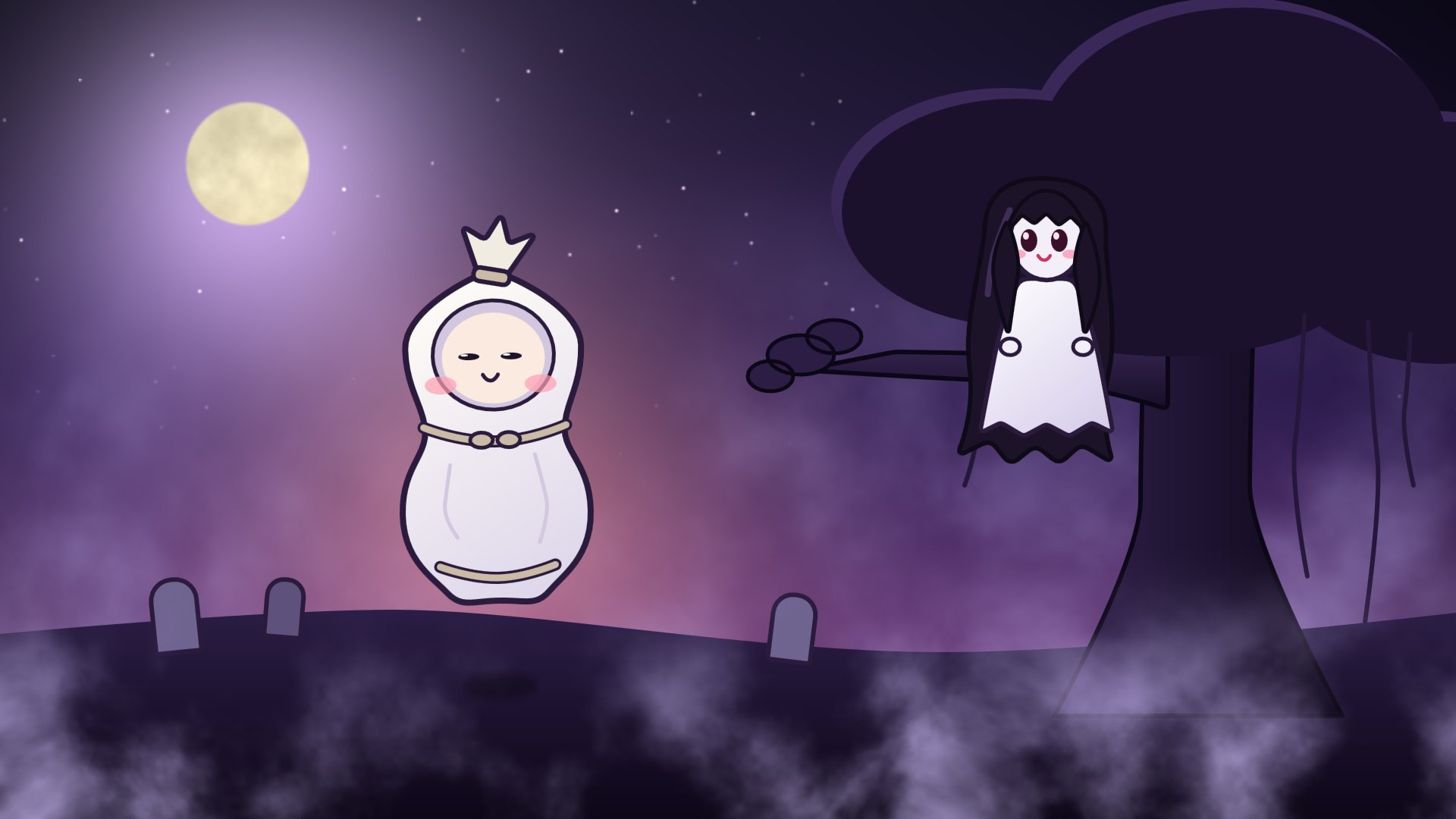 Pocong in mid-hop with happy squinting eyes and big blush