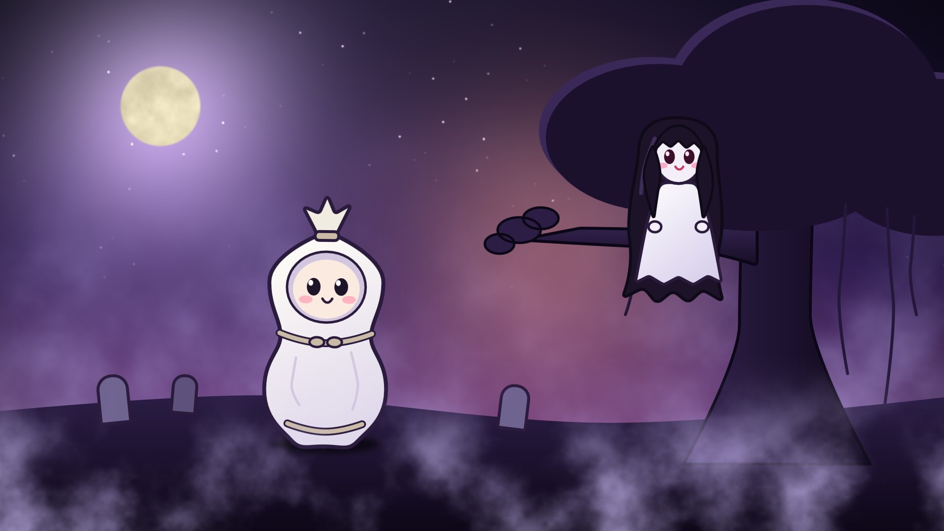 Pocong standing in a foggy graveyard under a full moon while Kuntilanak sits on a banyan branch